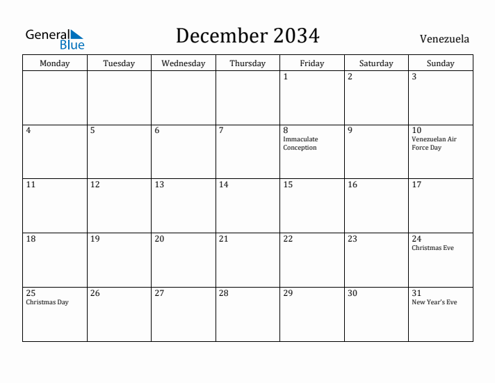 December 2034 Calendar Venezuela