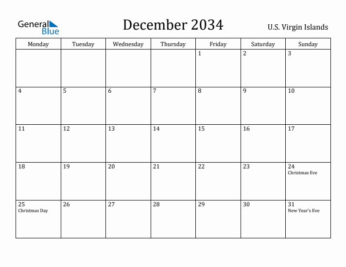 December 2034 Calendar U.S. Virgin Islands