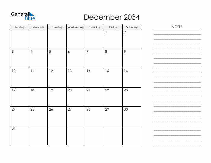 Printable Monthly Calendar with Notes - December 2034