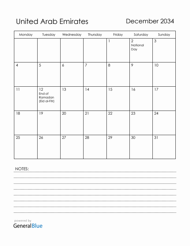 December 2034 United Arab Emirates Calendar with Holidays (Monday Start)