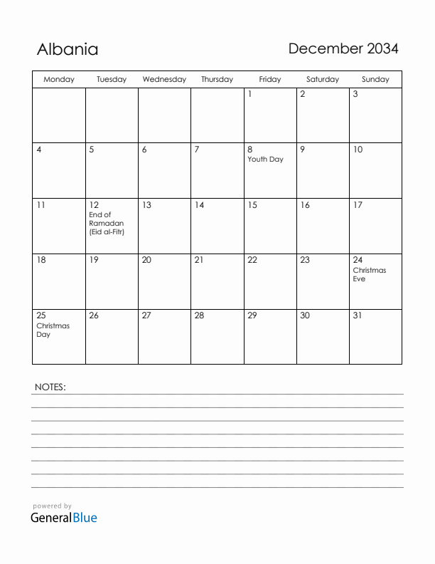 December 2034 Albania Calendar with Holidays (Monday Start)