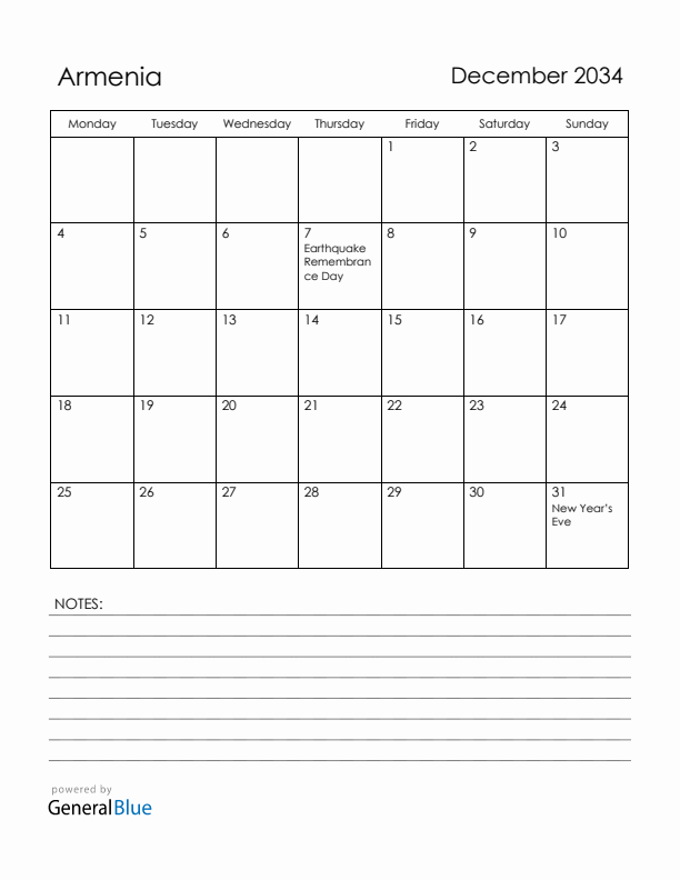 December 2034 Armenia Calendar with Holidays (Monday Start)