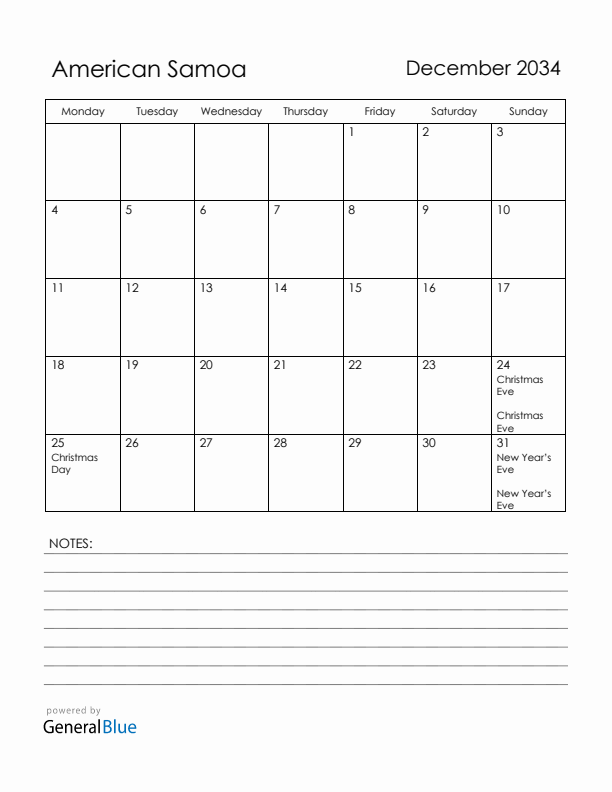 December 2034 American Samoa Calendar with Holidays (Monday Start)