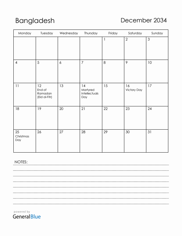 December 2034 Bangladesh Calendar with Holidays (Monday Start)