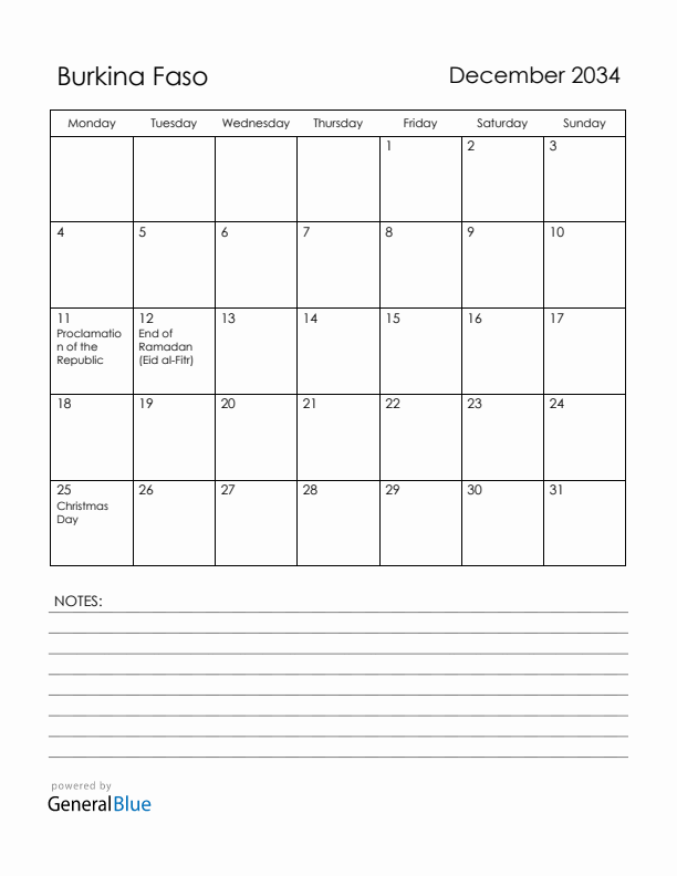 December 2034 Burkina Faso Calendar with Holidays (Monday Start)