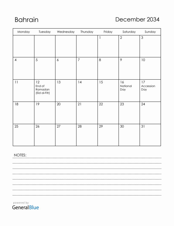 December 2034 Bahrain Calendar with Holidays (Monday Start)