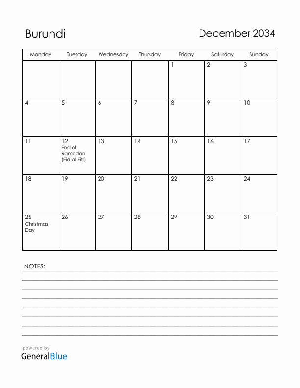 December 2034 Burundi Calendar with Holidays (Monday Start)