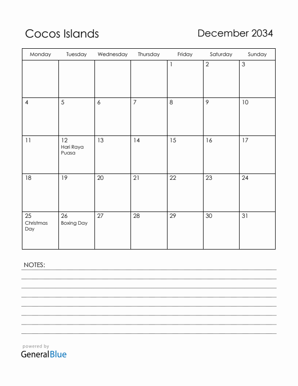 December 2034 Cocos Islands Calendar with Holidays (Monday Start)
