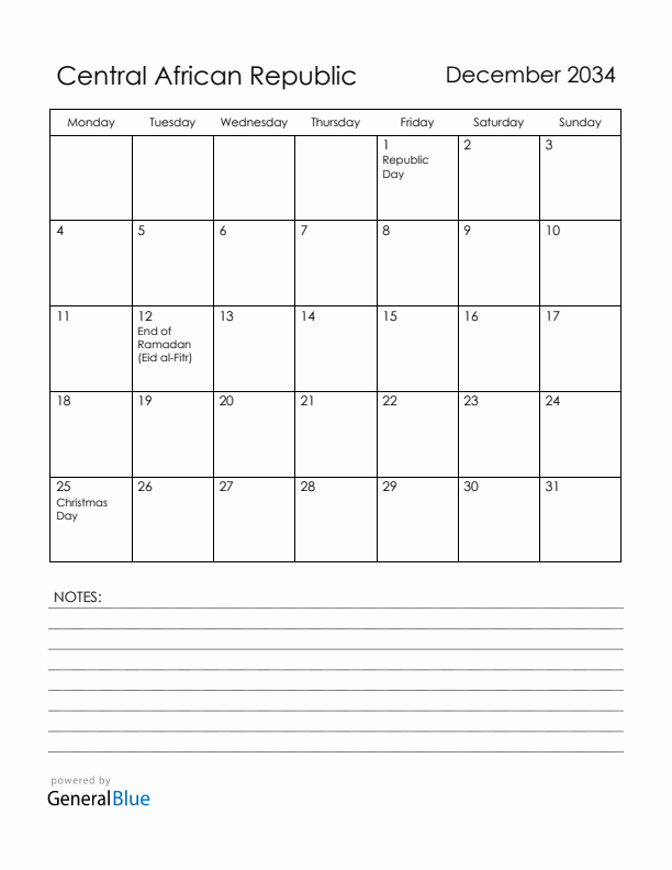 December 2034 Central African Republic Calendar with Holidays (Monday Start)