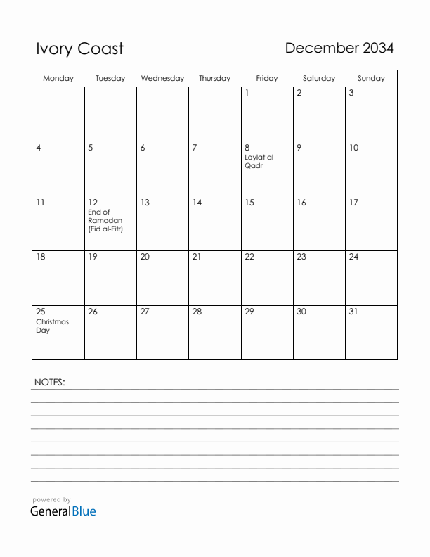December 2034 Ivory Coast Calendar with Holidays (Monday Start)