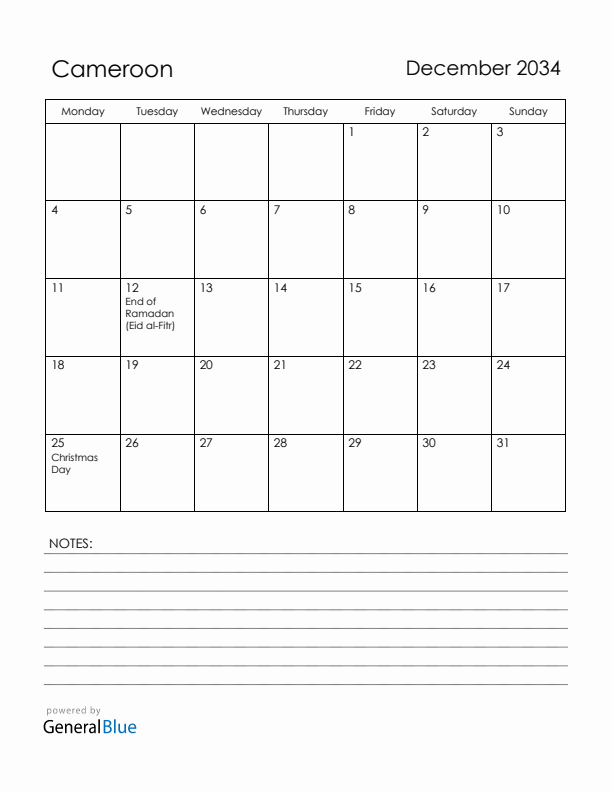 December 2034 Cameroon Calendar with Holidays (Monday Start)