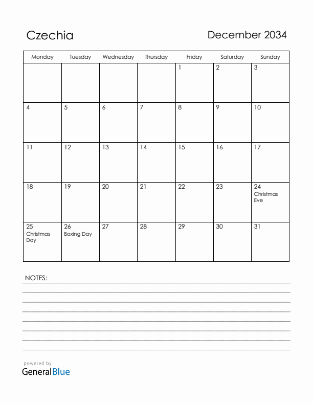 December 2034 Czechia Calendar with Holidays (Monday Start)