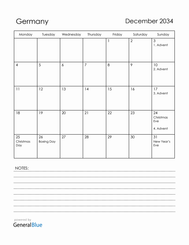 December 2034 Germany Calendar with Holidays (Monday Start)