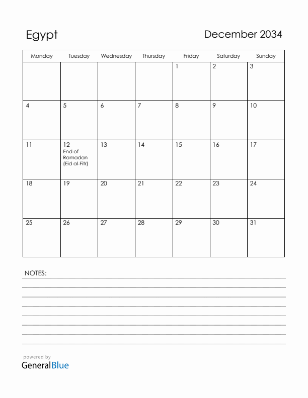 December 2034 Egypt Calendar with Holidays (Monday Start)
