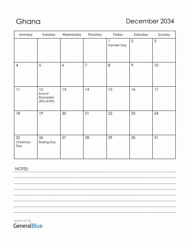 December 2034 Ghana Calendar with Holidays (Monday Start)