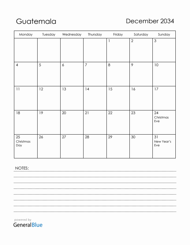 December 2034 Guatemala Calendar with Holidays (Monday Start)