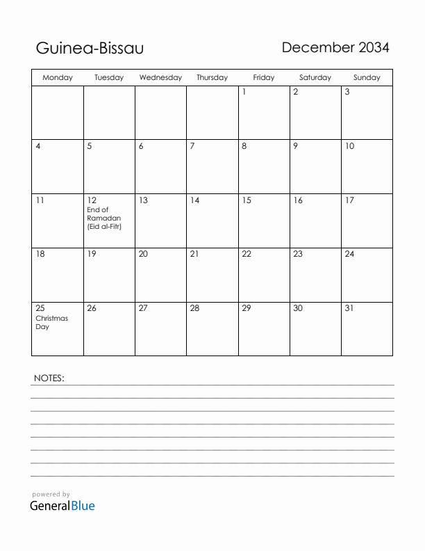 December 2034 Guinea-Bissau Calendar with Holidays (Monday Start)