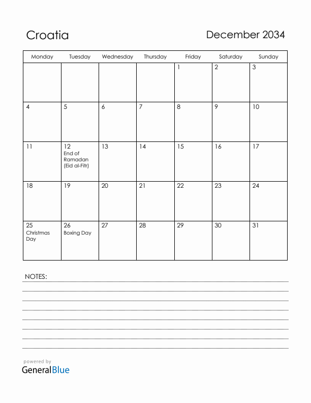December 2034 Croatia Calendar with Holidays (Monday Start)