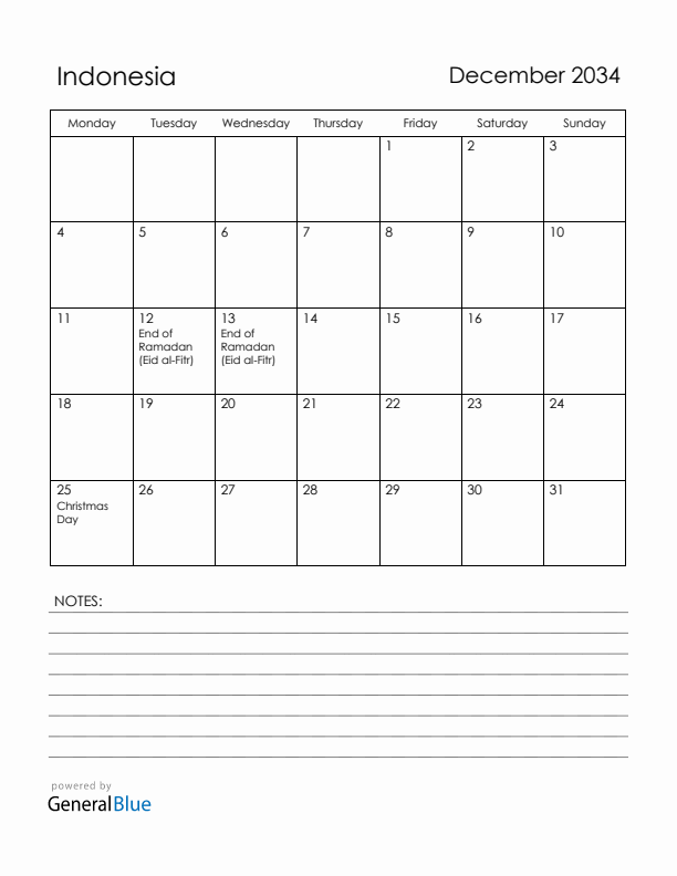 December 2034 Indonesia Calendar with Holidays (Monday Start)