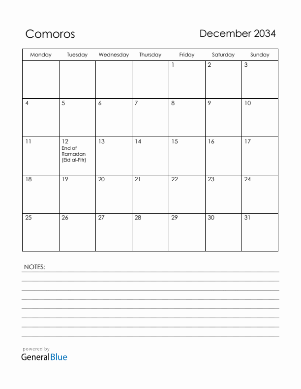 December 2034 Comoros Calendar with Holidays (Monday Start)