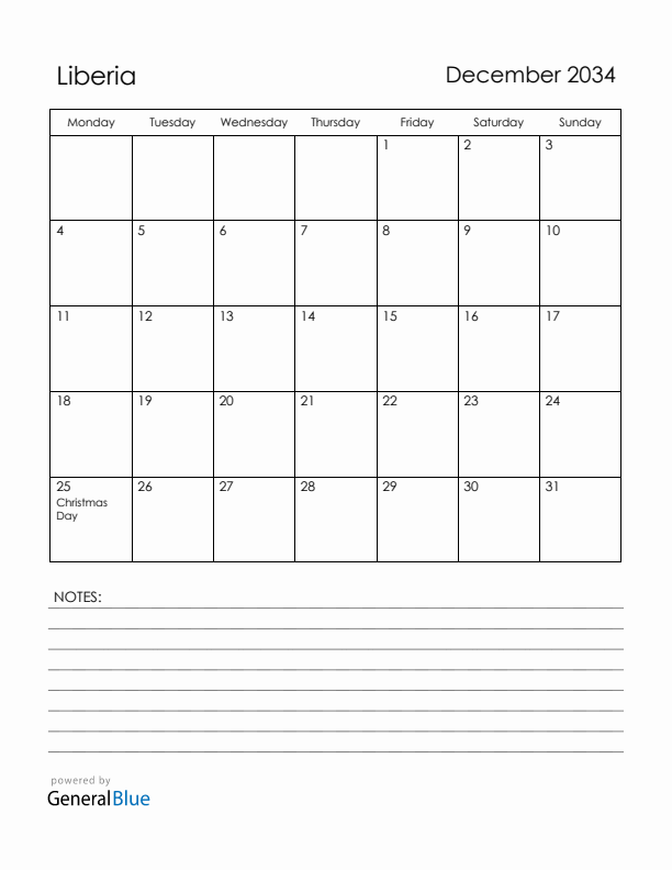 December 2034 Liberia Calendar with Holidays (Monday Start)