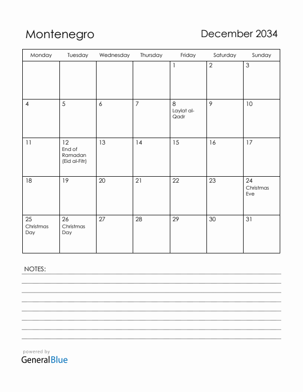 December 2034 Montenegro Calendar with Holidays (Monday Start)