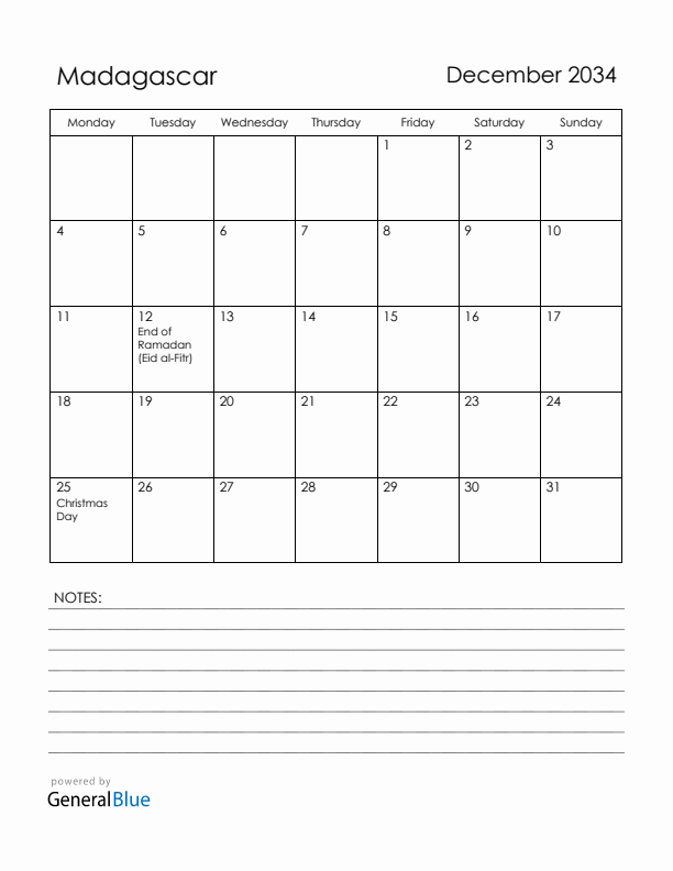December 2034 Madagascar Calendar with Holidays (Monday Start)