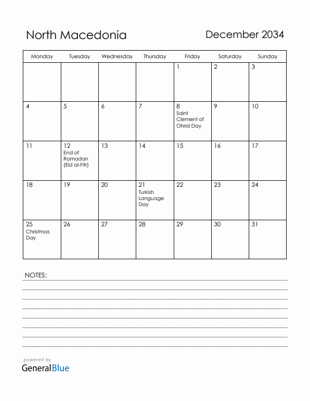 December 2034 North Macedonia Calendar with Holidays (Monday Start)
