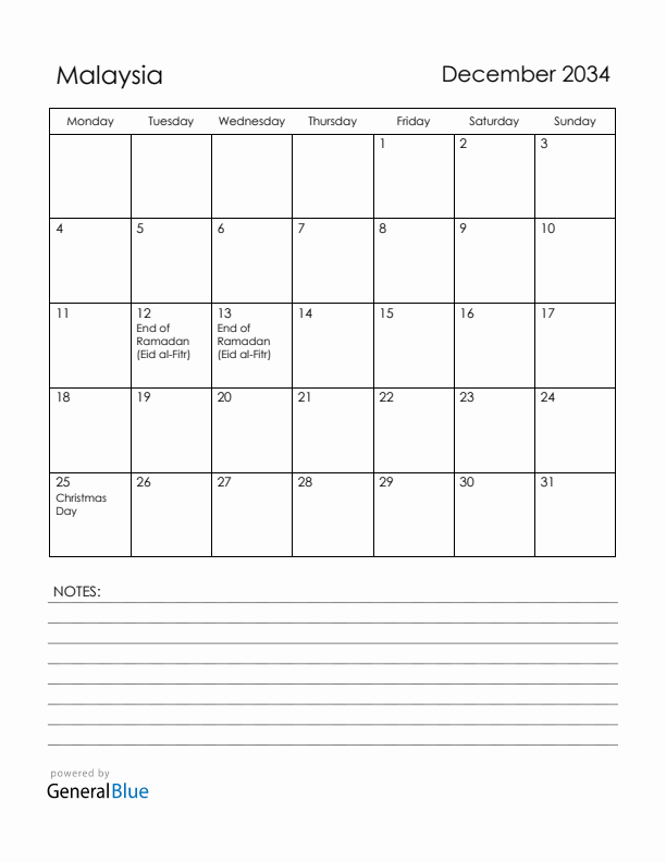December 2034 Malaysia Calendar with Holidays (Monday Start)