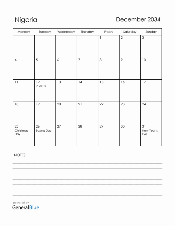 December 2034 Nigeria Calendar with Holidays (Monday Start)