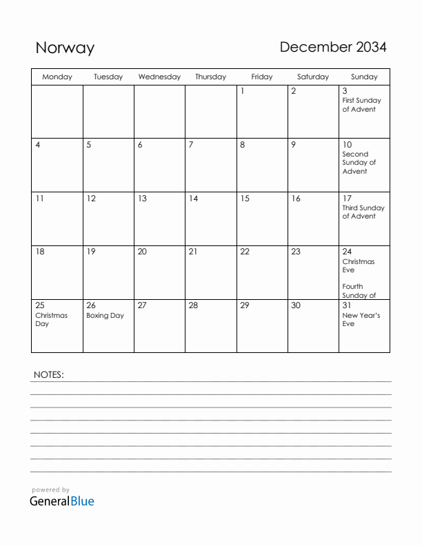 December 2034 Norway Calendar with Holidays (Monday Start)