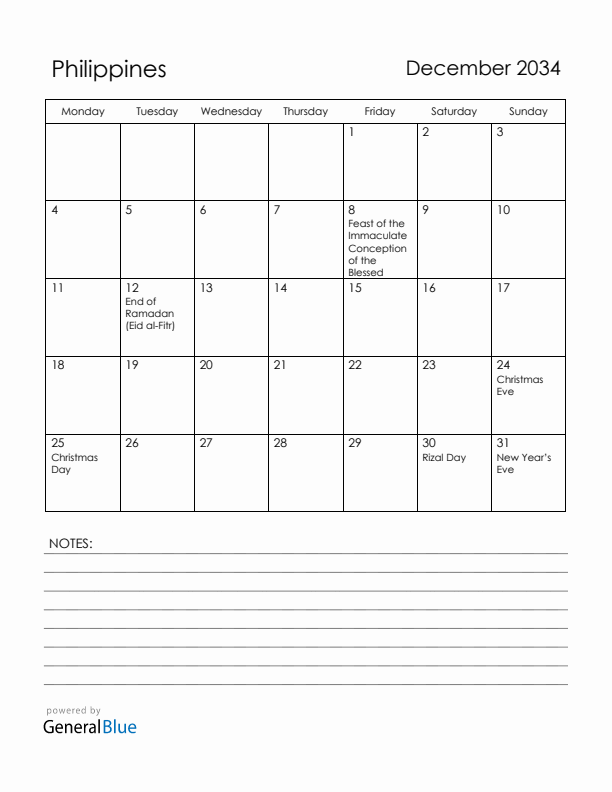 December 2034 Philippines Calendar with Holidays (Monday Start)