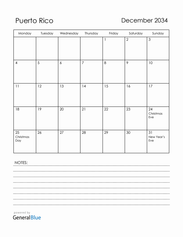 December 2034 Puerto Rico Calendar with Holidays (Monday Start)