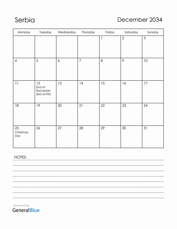 December 2034 Serbia Calendar with Holidays (Monday Start)