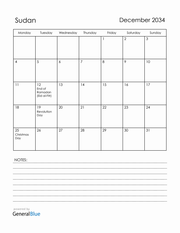 December 2034 Sudan Calendar with Holidays (Monday Start)