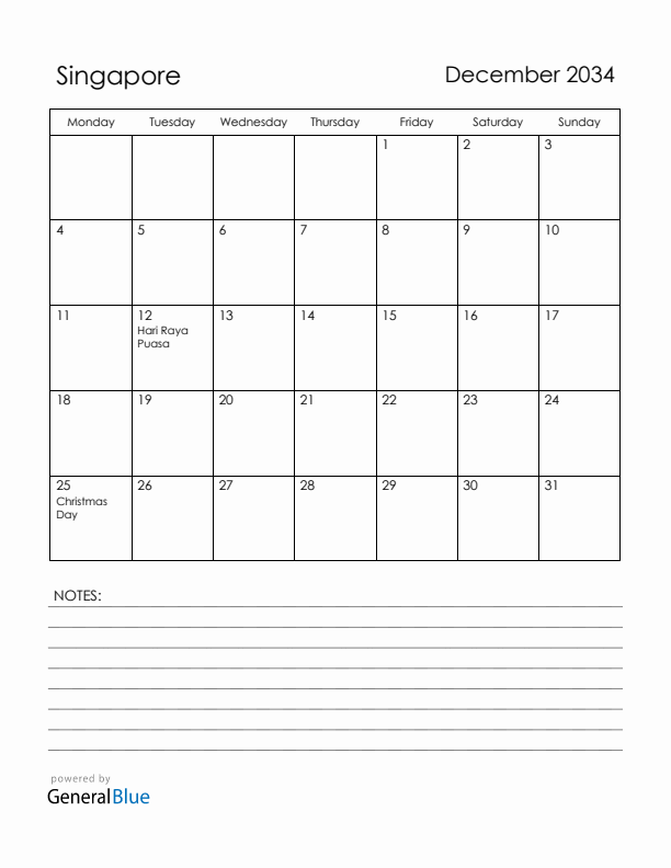 December 2034 Singapore Calendar with Holidays (Monday Start)