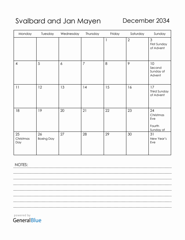 December 2034 Svalbard and Jan Mayen Calendar with Holidays (Monday Start)