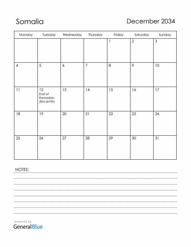 December 2034 Somalia Calendar with Holidays (Monday Start)