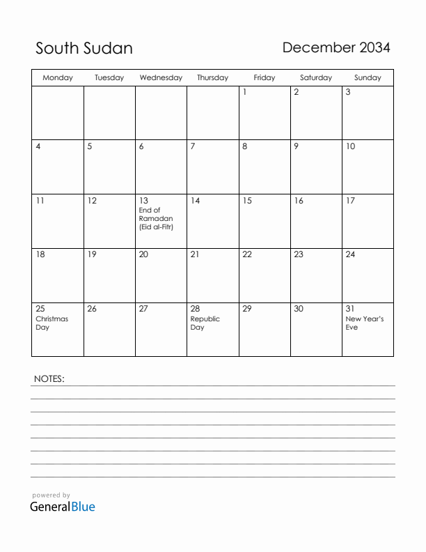 December 2034 South Sudan Calendar with Holidays (Monday Start)