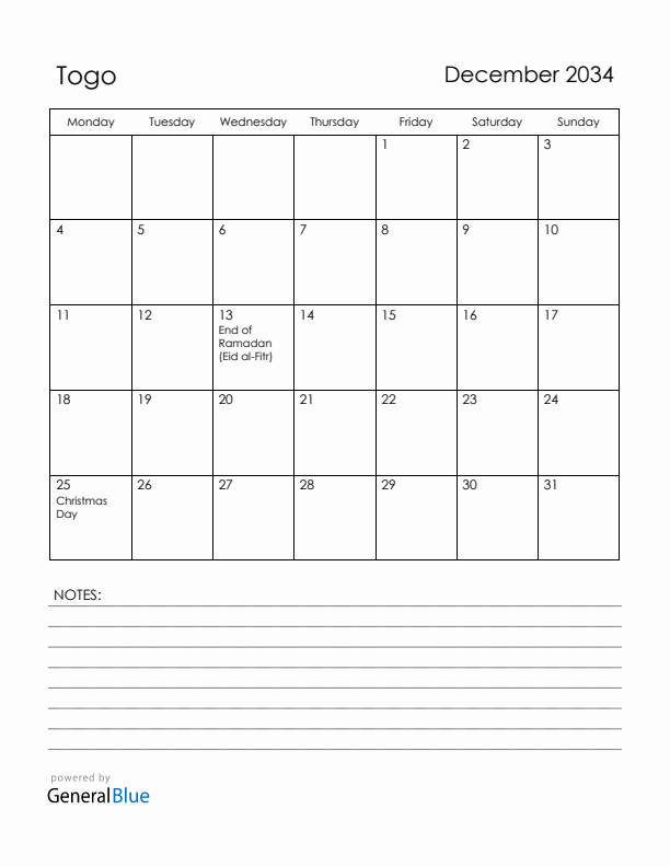 December 2034 Togo Calendar with Holidays (Monday Start)