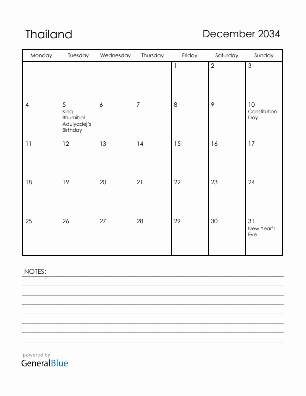 December 2034 Thailand Calendar with Holidays (Monday Start)