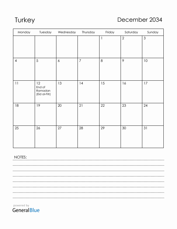 December 2034 Turkey Calendar with Holidays (Monday Start)