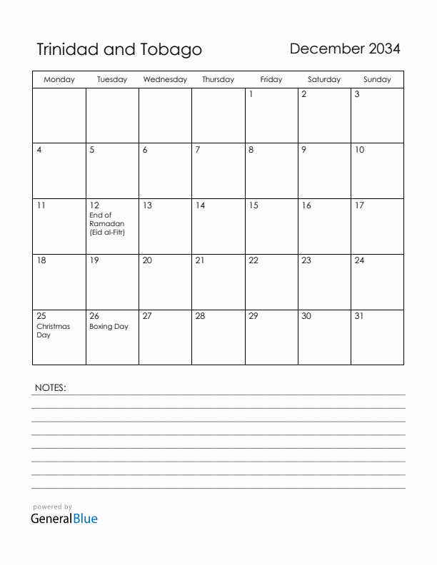 December 2034 Trinidad and Tobago Calendar with Holidays (Monday Start)