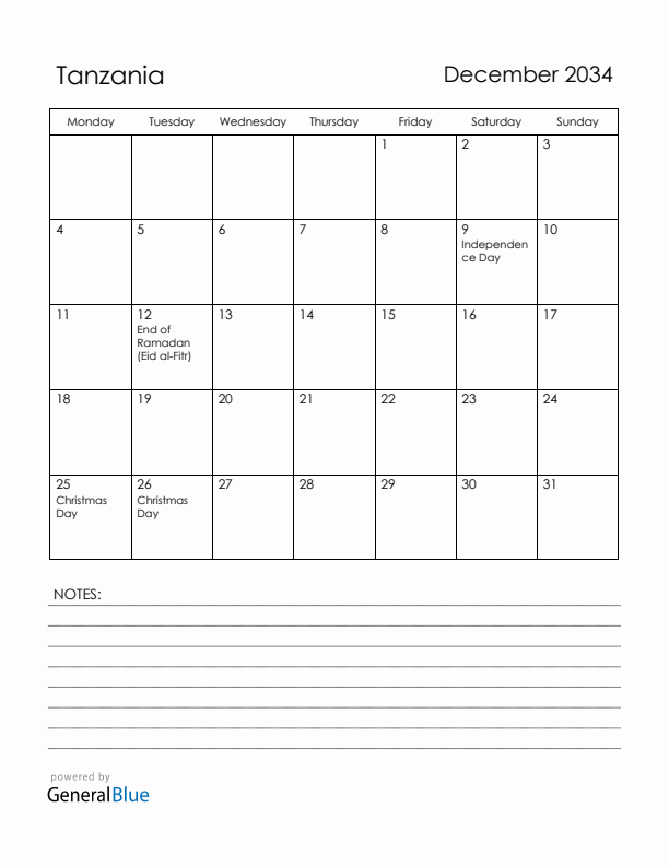 December 2034 Tanzania Calendar with Holidays (Monday Start)