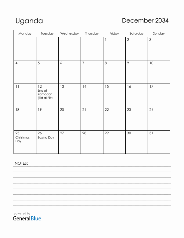 December 2034 Uganda Calendar with Holidays (Monday Start)