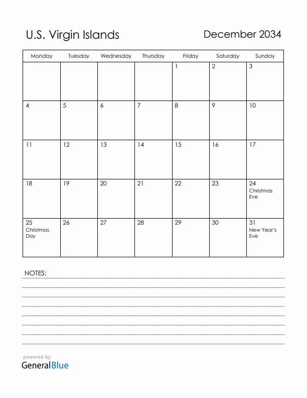 December 2034 U.S. Virgin Islands Calendar with Holidays (Monday Start)