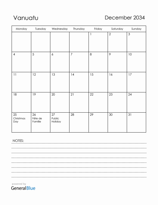 December 2034 Vanuatu Calendar with Holidays (Monday Start)