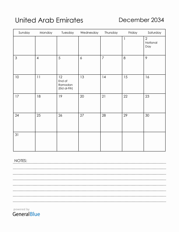 December 2034 United Arab Emirates Calendar with Holidays (Sunday Start)
