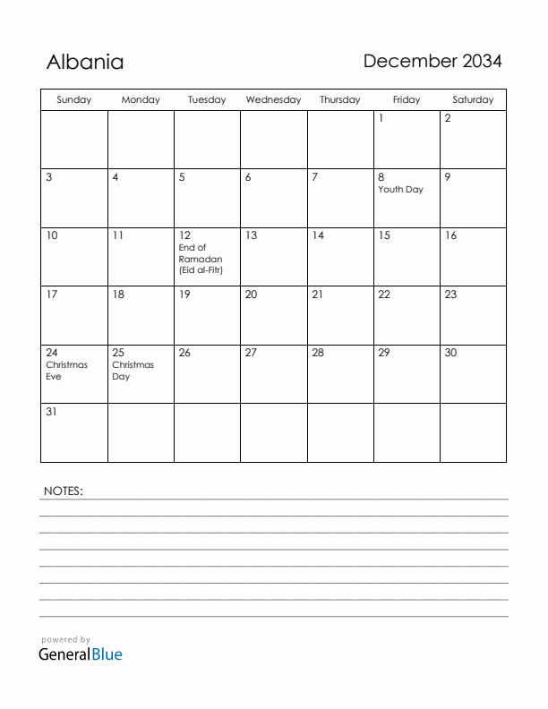 December 2034 Albania Calendar with Holidays (Sunday Start)