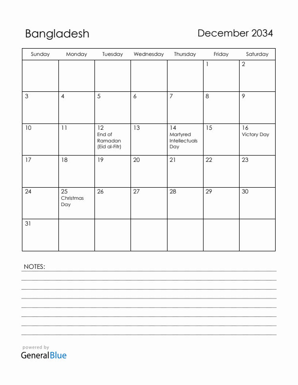 December 2034 Bangladesh Calendar with Holidays (Sunday Start)